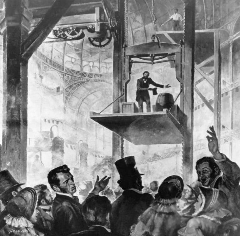 Elisha Graves Otis shows his first elevator in the Crystal Palace, New York City, 1853. Image by © Bettmann/CORBIS